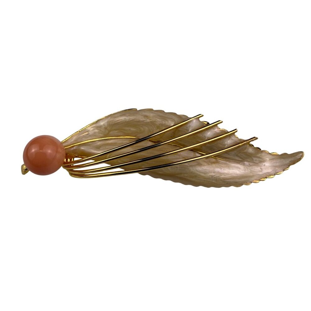 Unknown Ladies Gold Tone Plastic Leaf Clip Brooch With Peach Beaded Accent